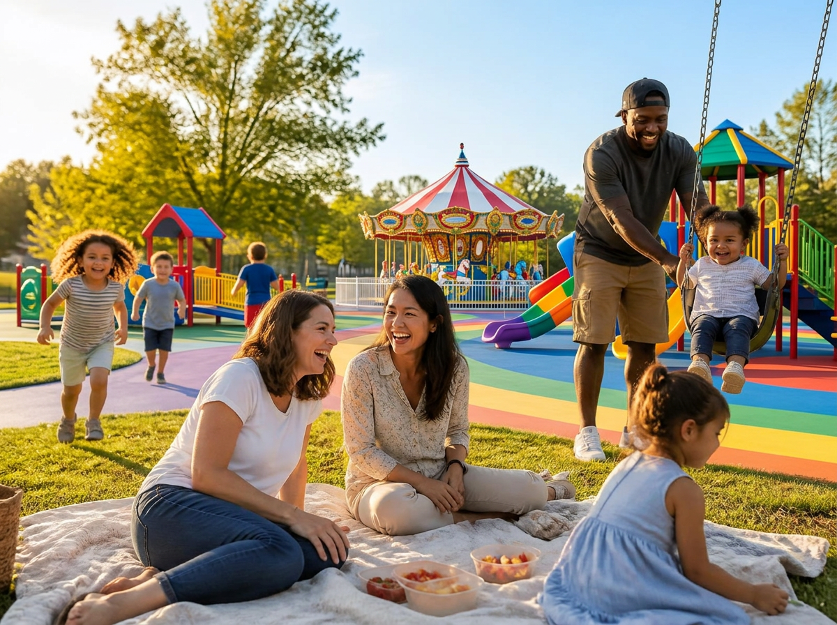 Parents and young children playing together at Clemyjontri Park in McLean, Virginia